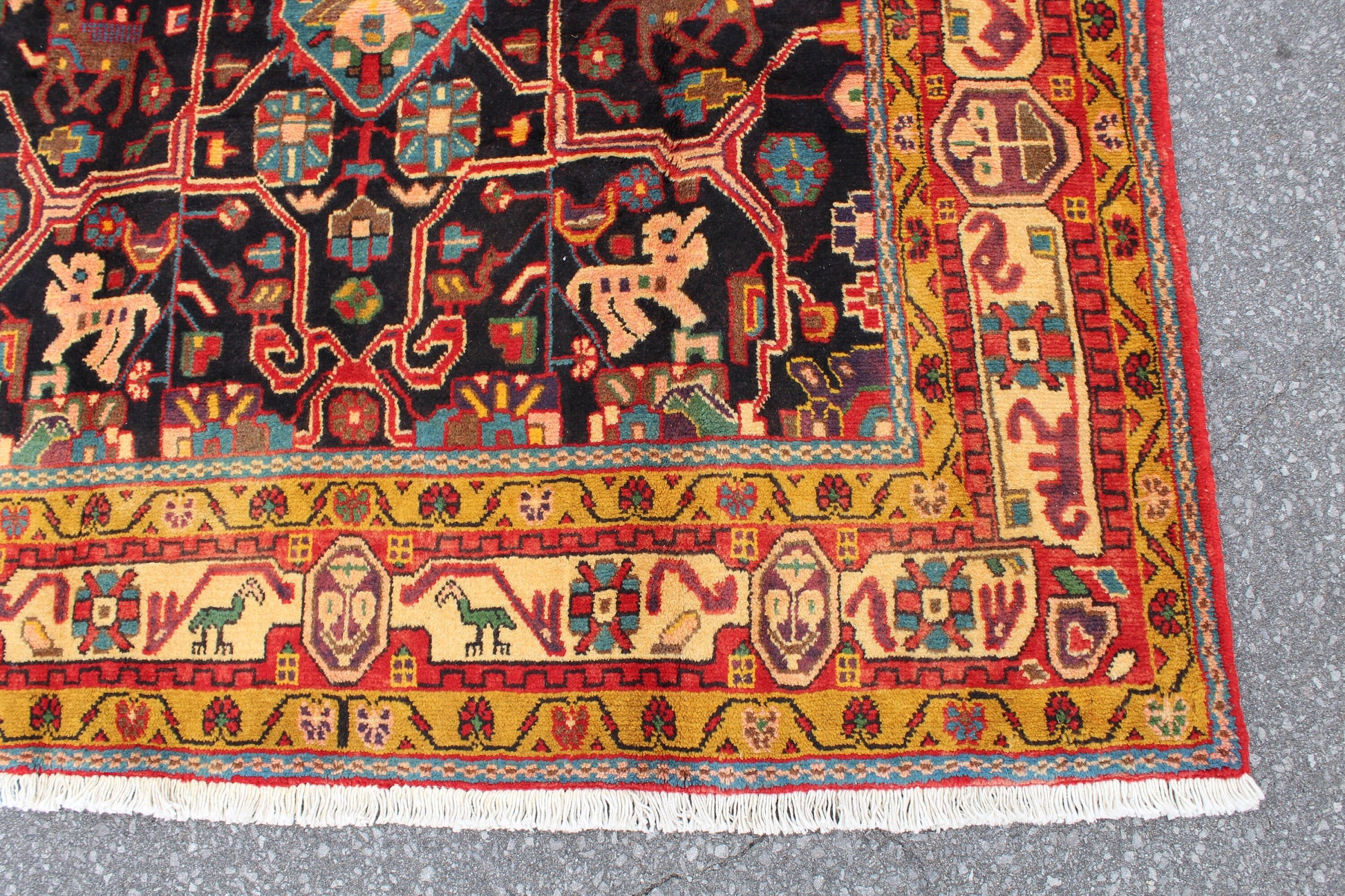 Navy Blue Vintage Rug 5x9 feet with Bright Yellow Orange Border