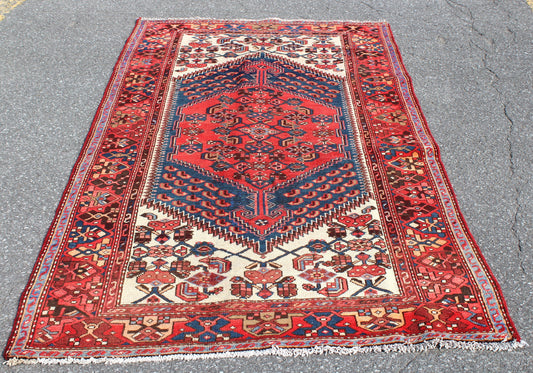 Red Blue 4x7 Vintage Rug | Tribal Oriental Persian Rug | Kazak Bohemian Rug | Handmade Rug