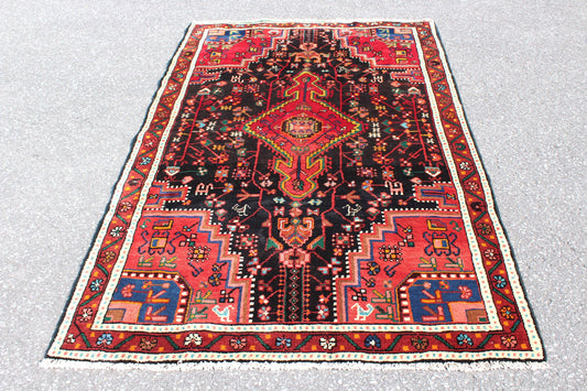 Red Blue 4x7 Vintage Rug | Tribal Oriental Persian Rug | Kazak Bohemian Rug | Handmade Rug