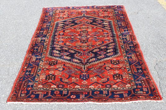Red Blue 4x7 Vintage Rug | Tribal Oriental Persian Rug | Kazak Bohemian Rug | Handmade Rug