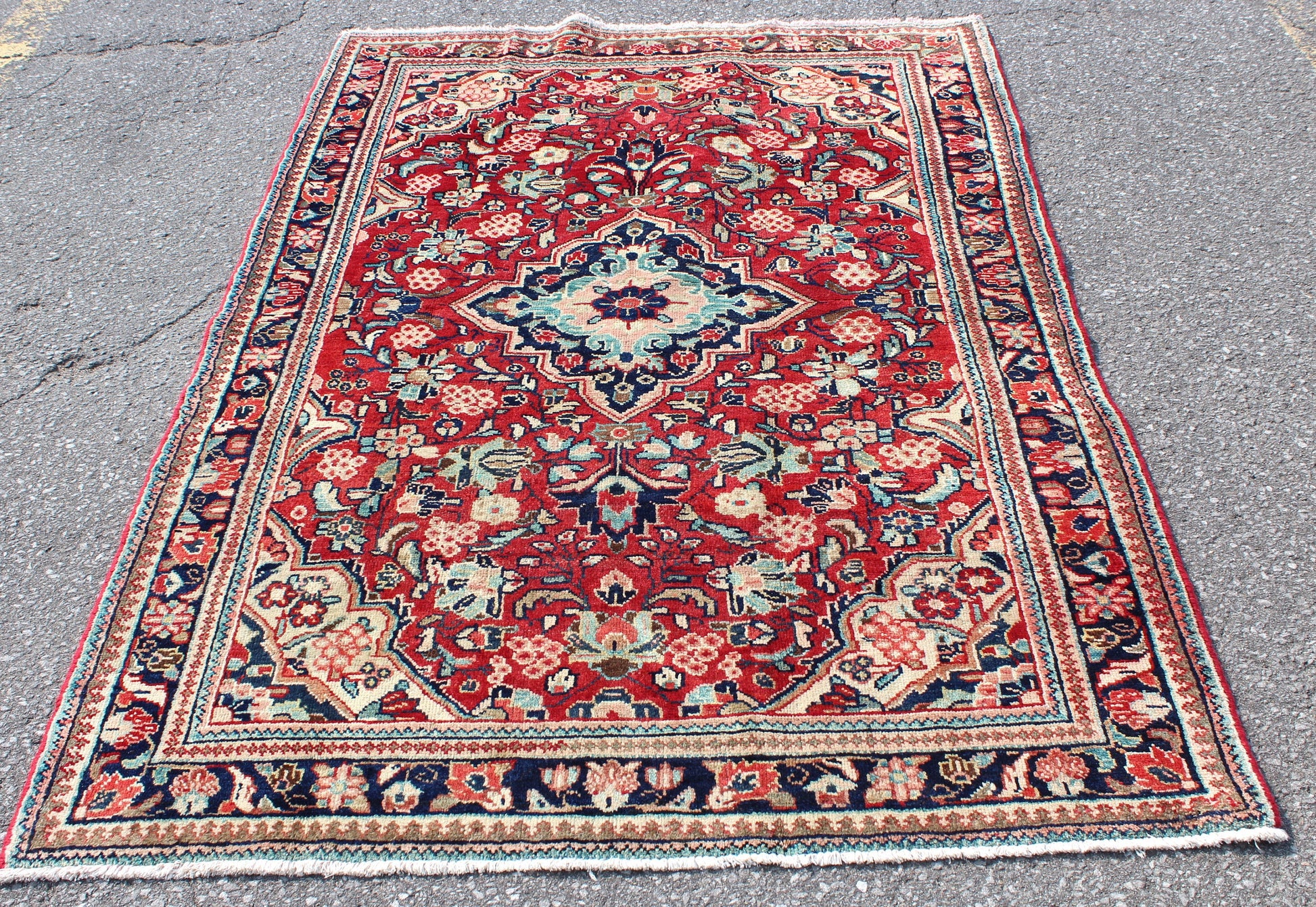 Red Navy Blue 4x7 Vintage One of a Kind Rug