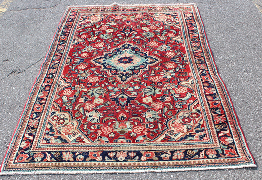 Red Navy Blue 4x7 Vintage One of a Kind Rug
