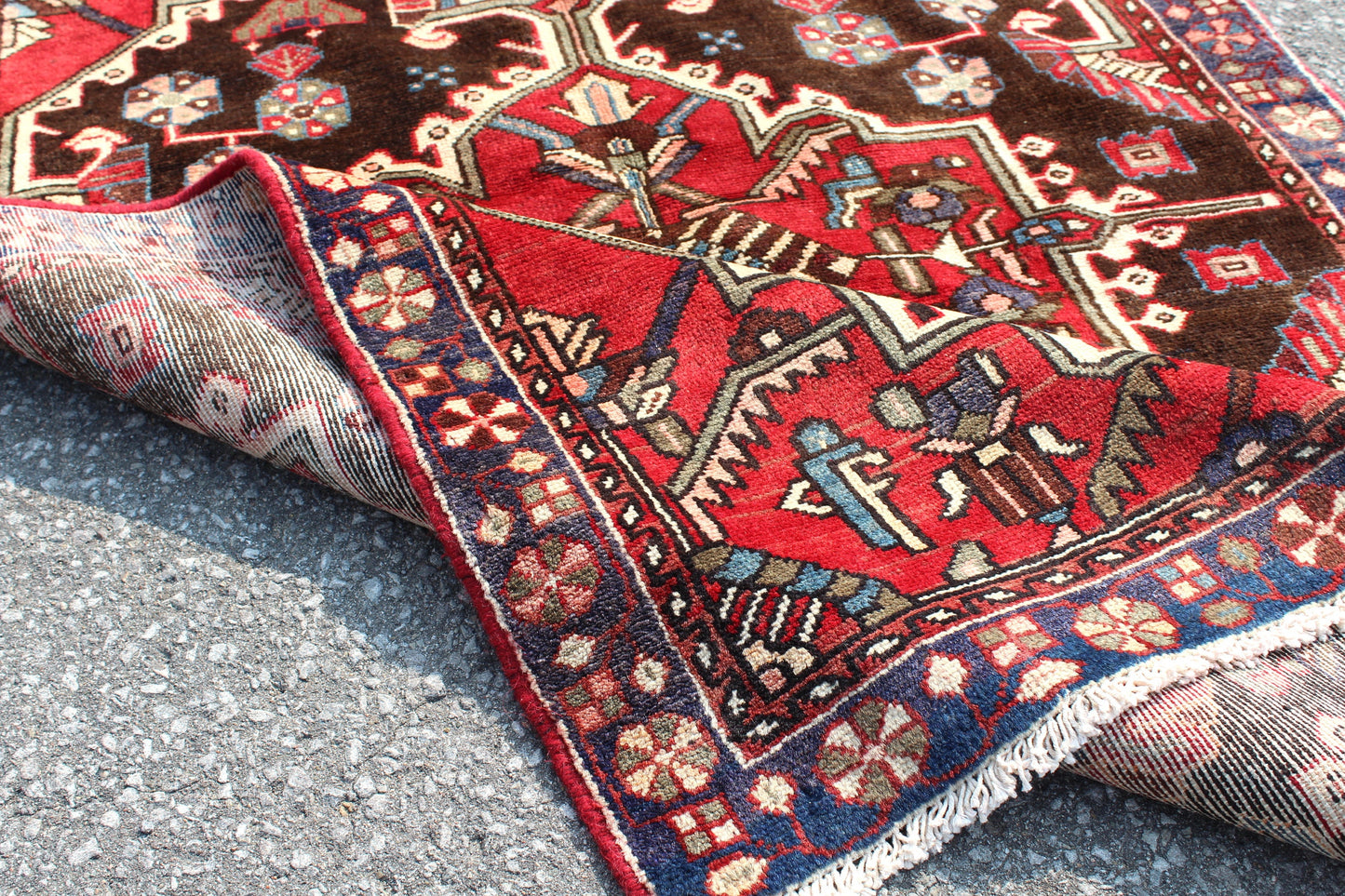 Vintage Red Rug 3'6" x 5'1" with Brown Background Blue Border