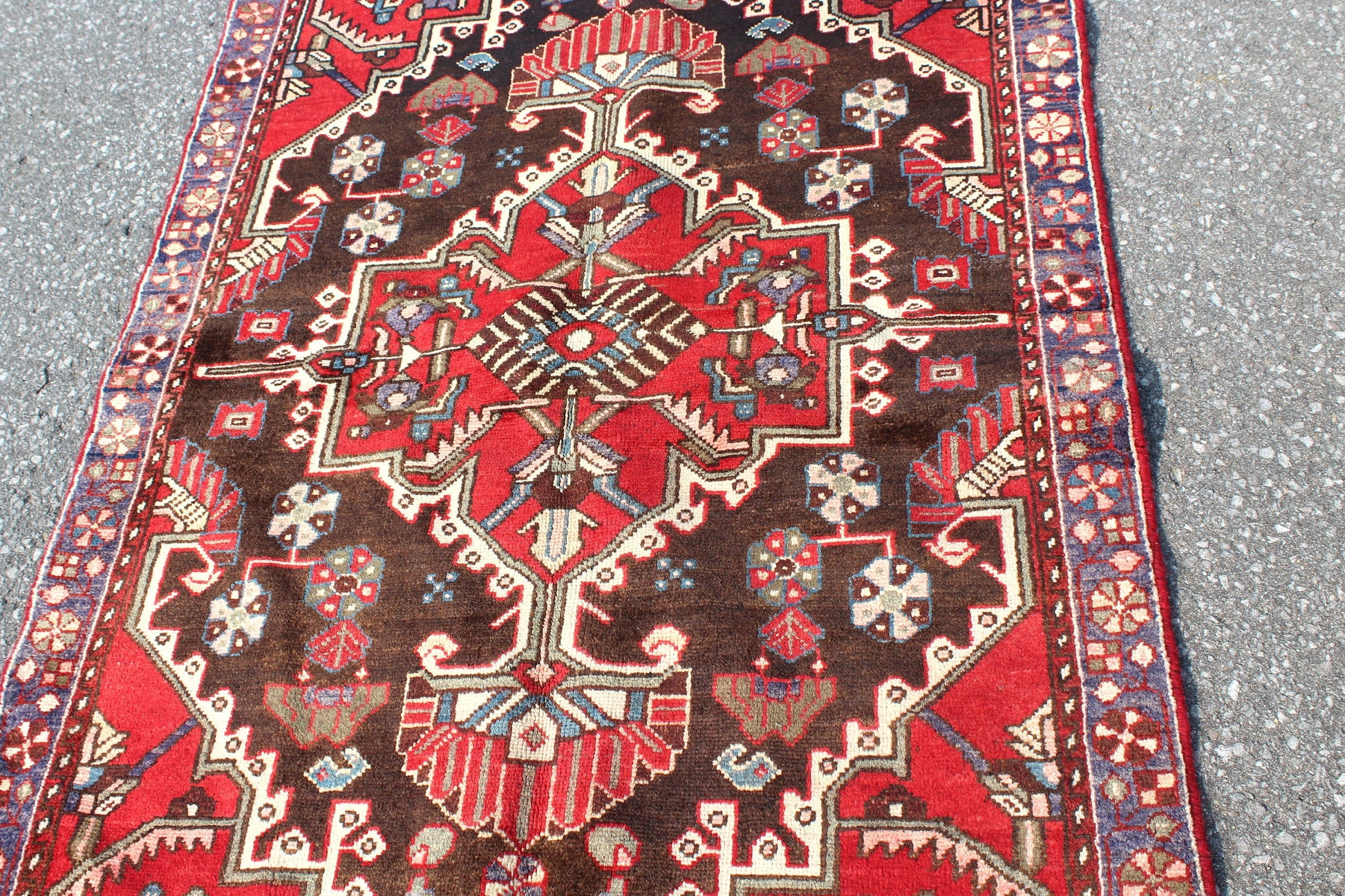 Vintage Red Rug 3'6" x 5'1" with Brown Background Blue Border