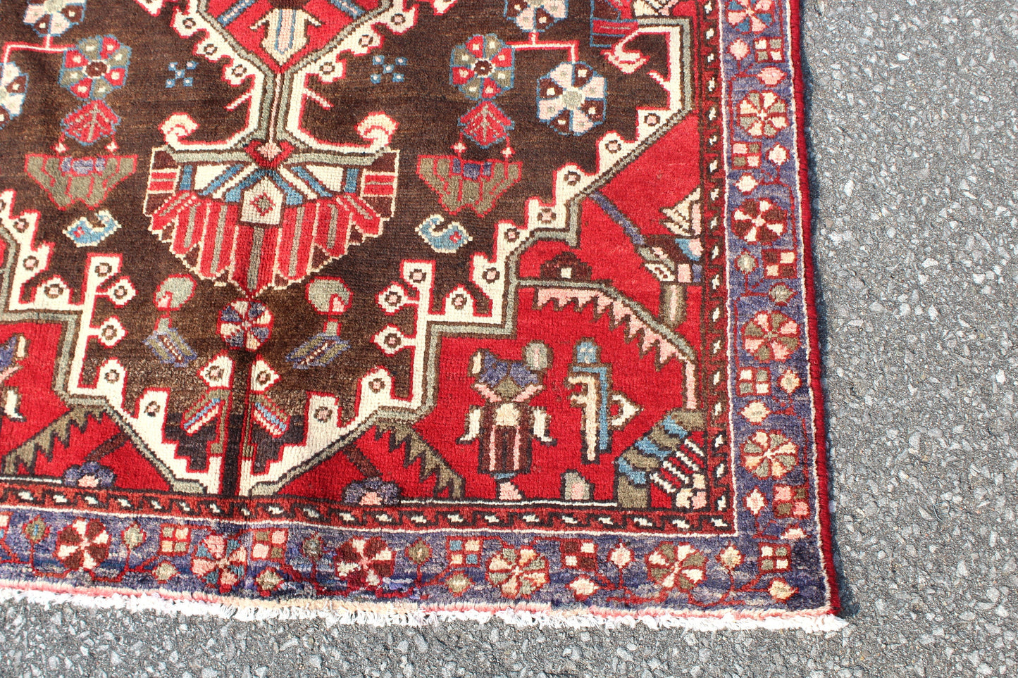 Vintage Red Rug 3'6" x 5'1" with Brown Background Blue Border