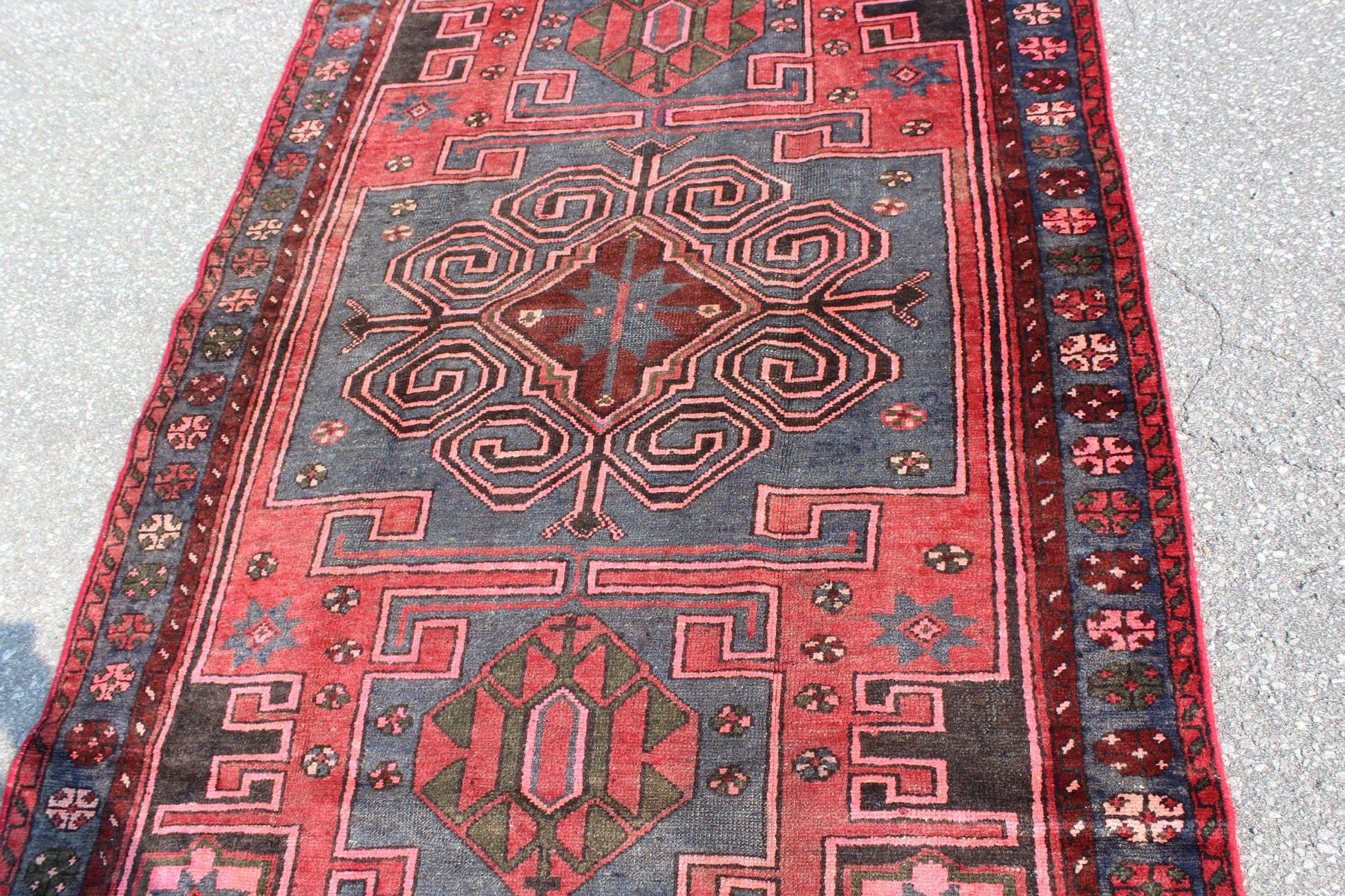 Red Blue 4x7 Vintage Tribal Wool Area Rug