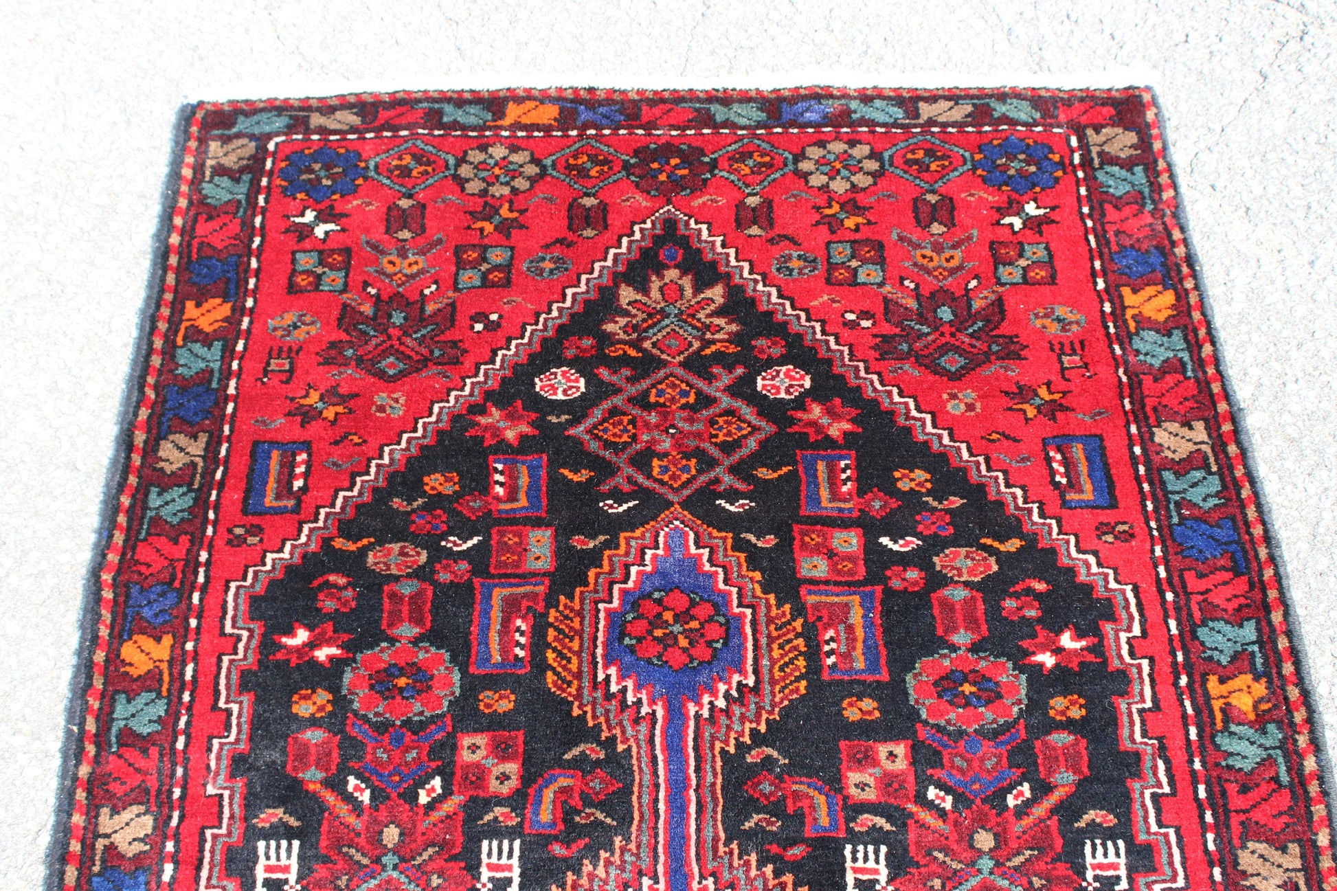 Red Black 3x7 Vintage Hand Knotted Rug