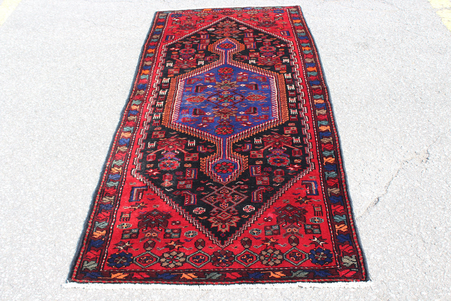 Red Black 3x7 Vintage Hand Knotted Rug