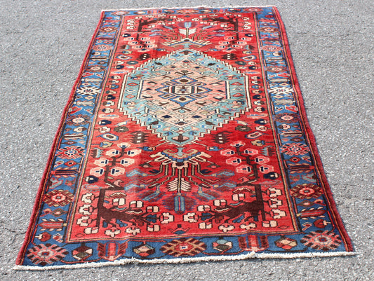 Red Blue 4x7 Vintage Tribal Hand Knotted Rug