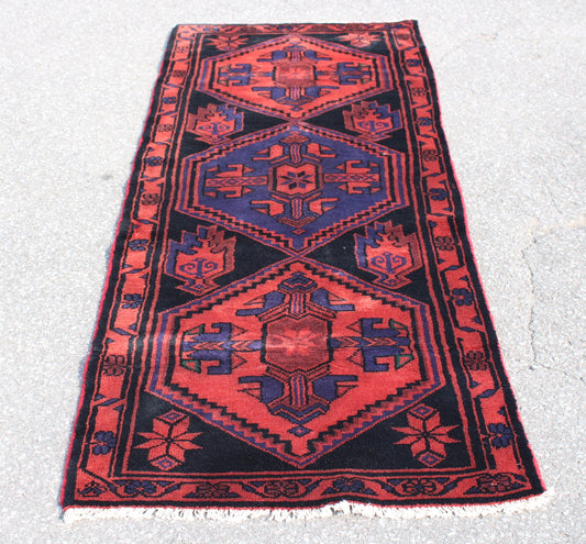 Pink & Blue Purple 3x7 with Black Long Hand Knotted Runner Rug