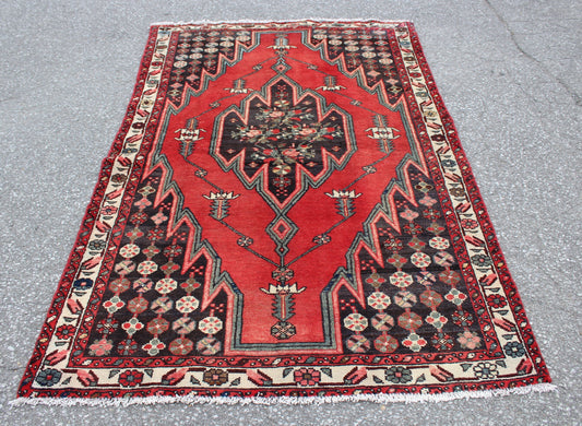 Red Medallion Black 4.4 x 6.9 Tribal Persian Style Turkish Rug