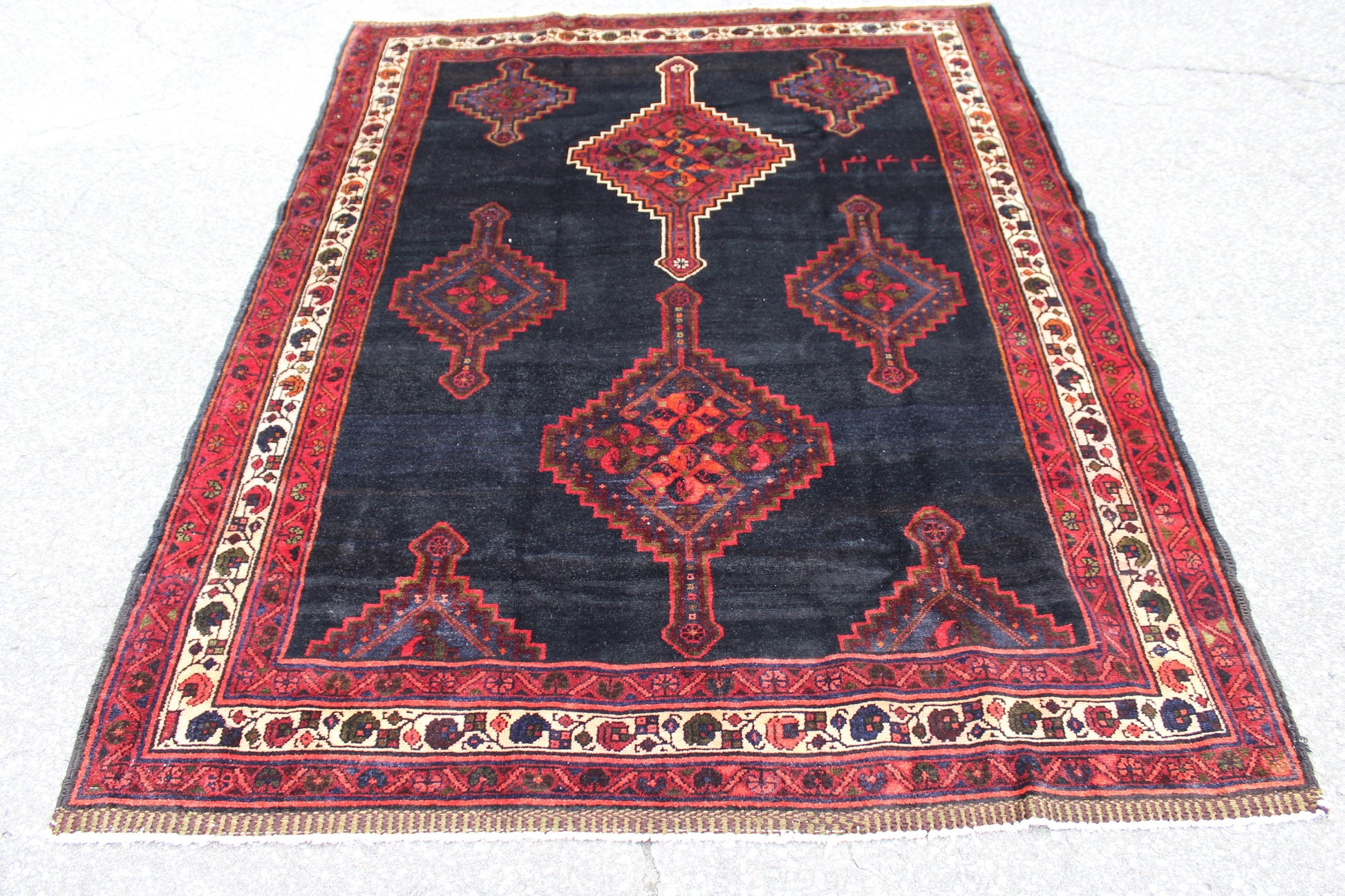 Navy Blue Rug with Red Border 5x6 Hand Knotted Tribal Rug