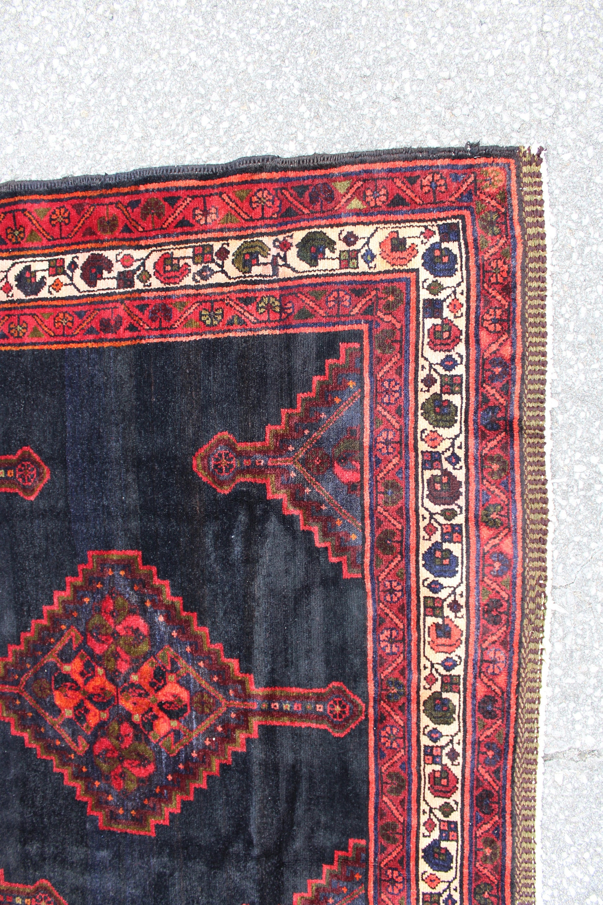 Navy Blue Rug with Red Border 5x6 Hand Knotted Tribal Rug