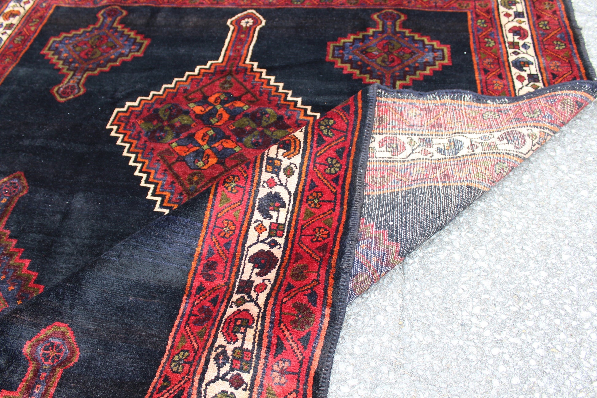 Navy Blue Rug with Red Border 5x6 Hand Knotted Tribal Rug