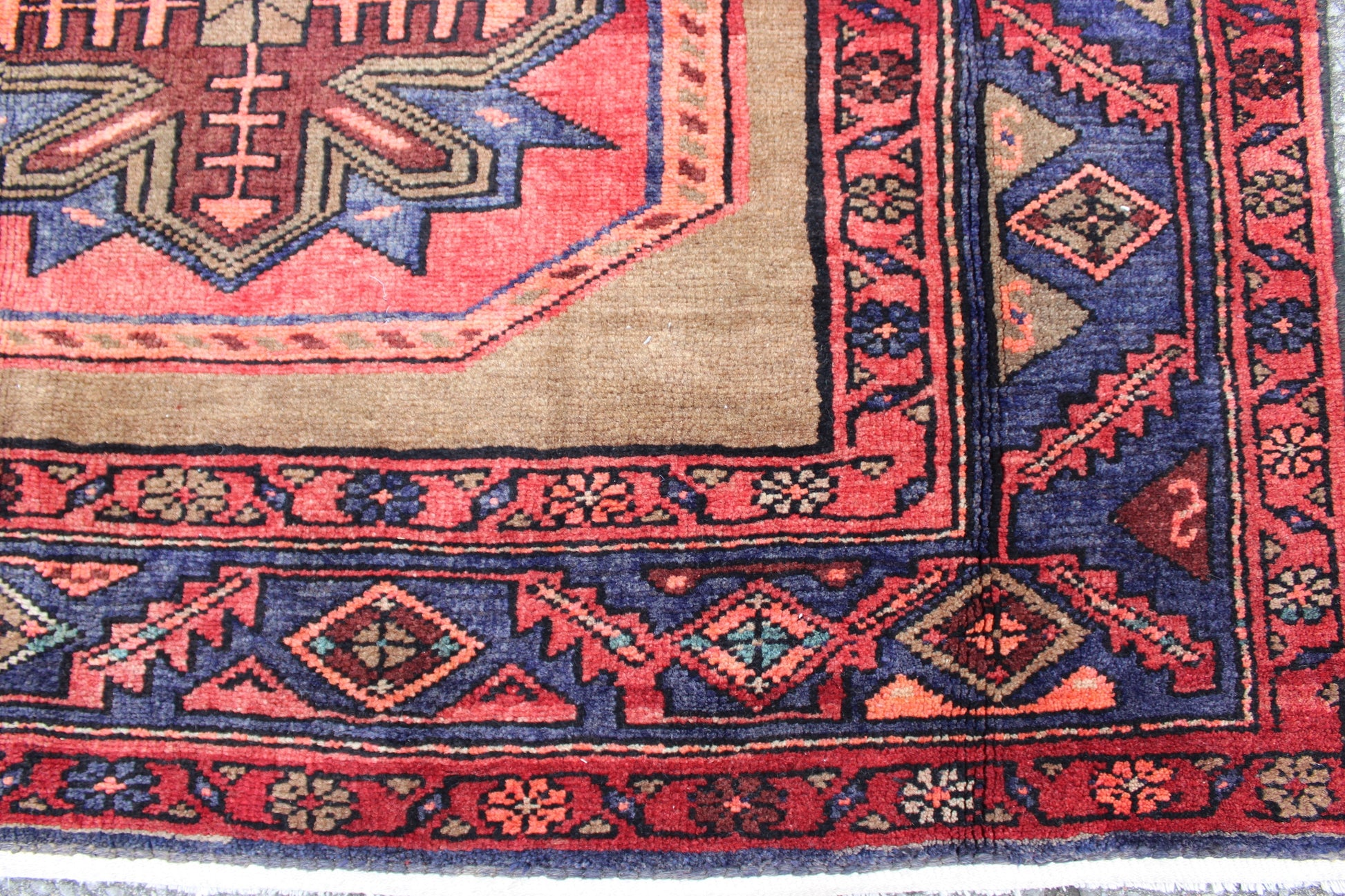 Beige Runner With Navy Red Pink Geometric Tribal Designs | 3.11 x 8.2 Runner