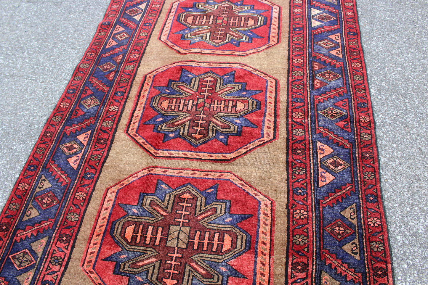 Beige Runner With Navy Red Pink Geometric Tribal Designs | 3.11 x 8.2 Runner
