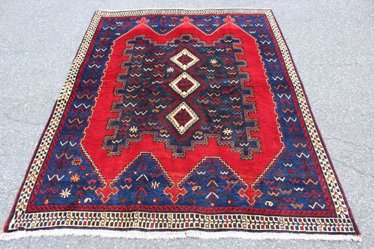 Blue 5x6 Rug with Red Accents | Wool Hand Knotted Tribal Rug