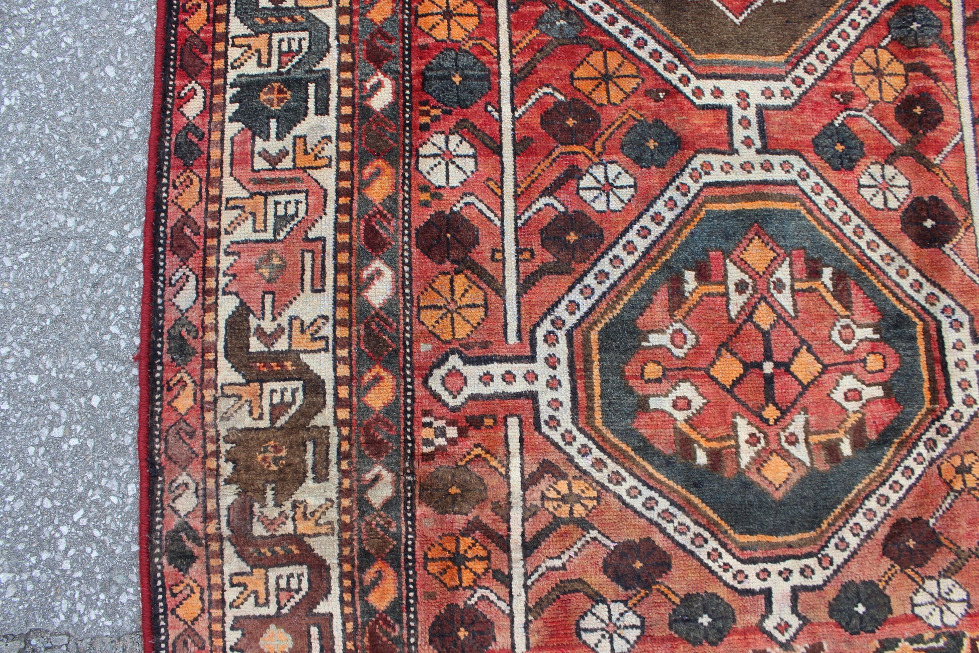 Coral Brown Teal 4x8 Hand Knotted Vintage Rug