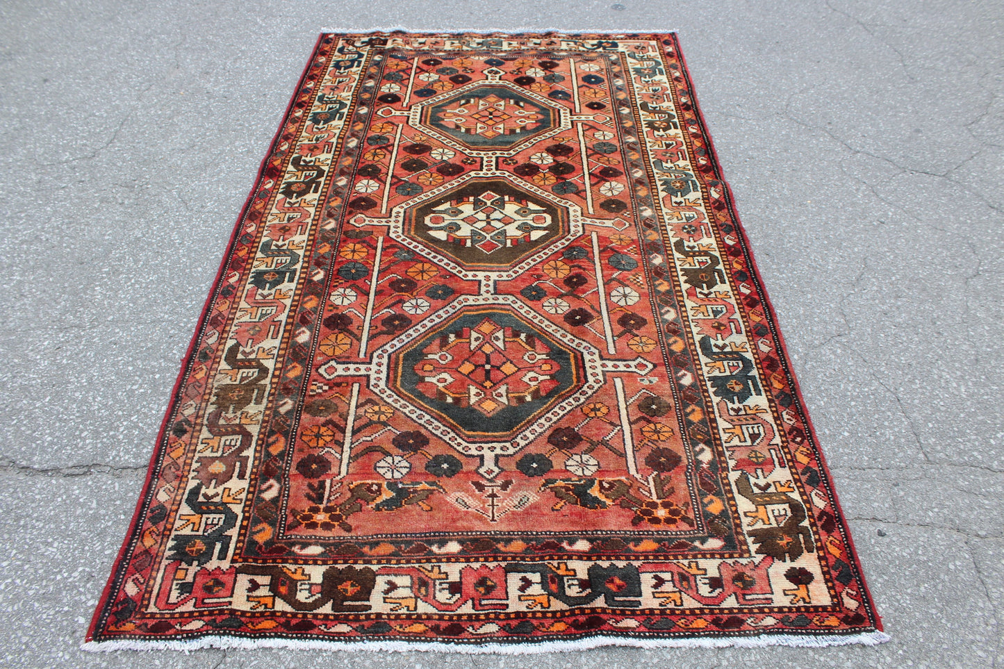 Coral Brown Teal 4x8 Hand Knotted Vintage Rug
