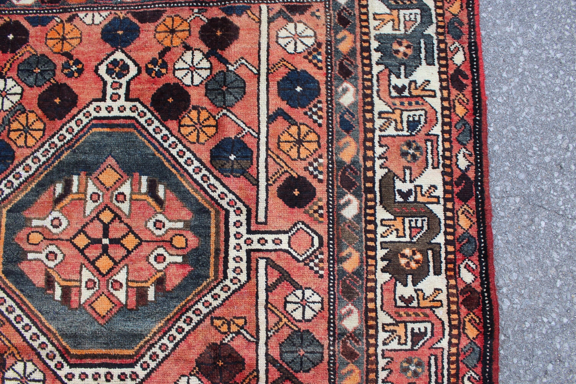 Coral Brown Teal 4x8 Hand Knotted Vintage Rug
