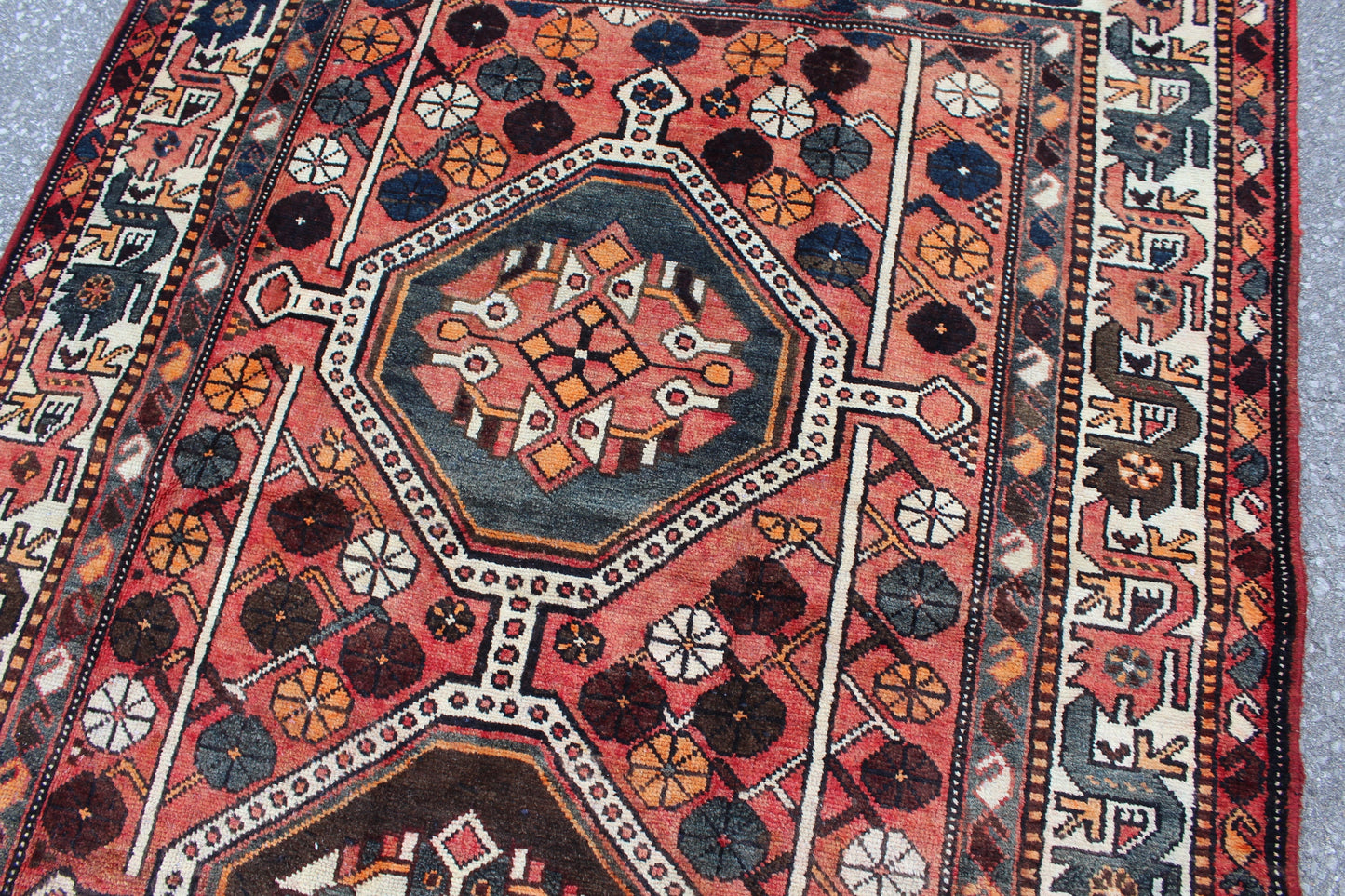 Coral Brown Teal 4x8 Hand Knotted Vintage Rug