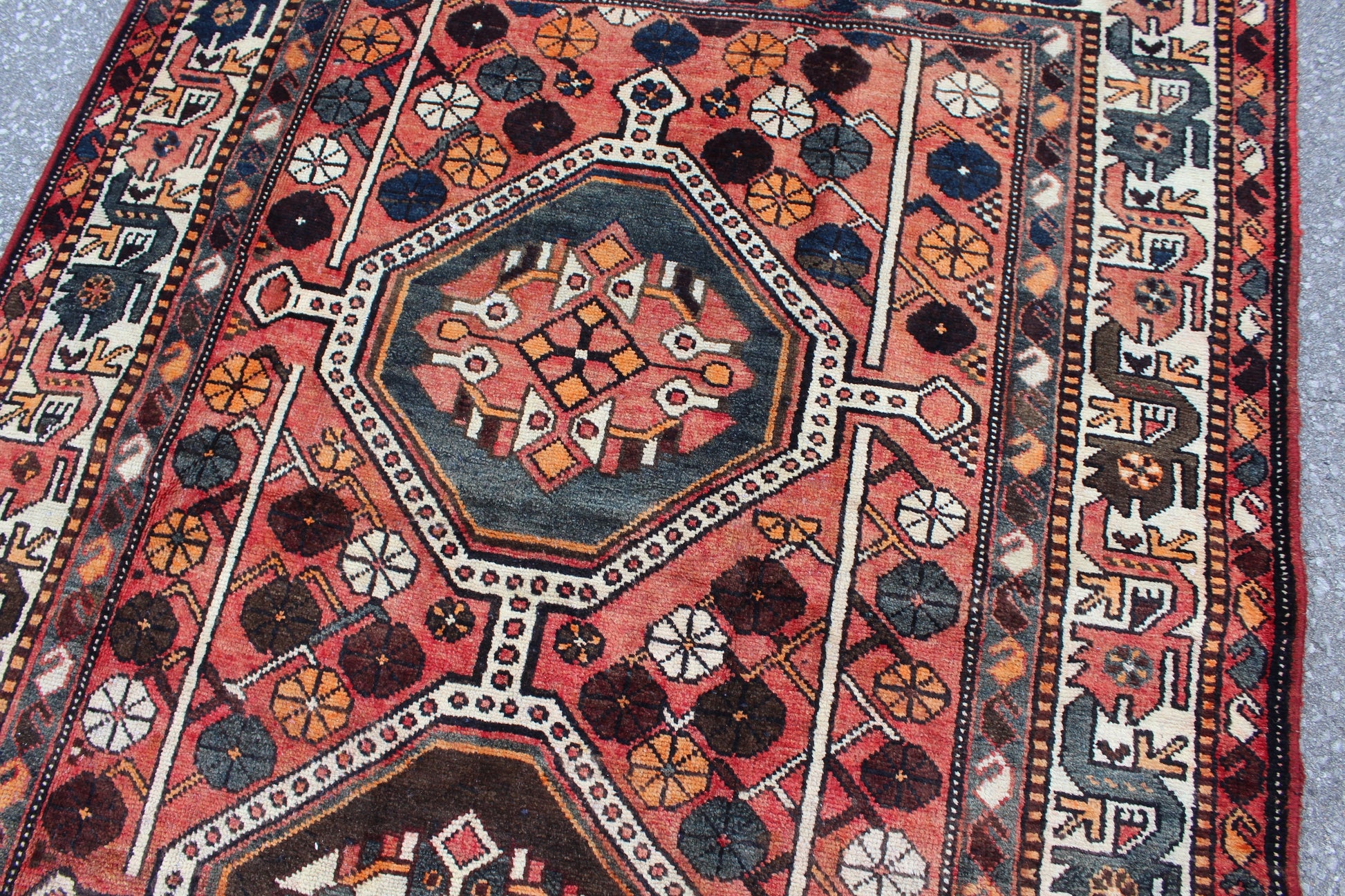 Coral Brown Teal 4x8 Hand Knotted Vintage Rug
