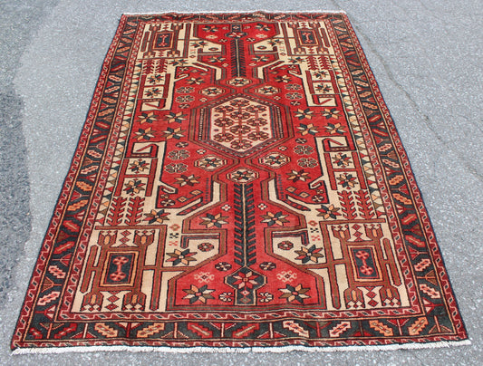 Red Beige 4x6 Handmade Turkish Rug with Green Border