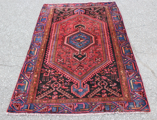 Red Blue 4x6 Vintage Tribal Handmade Rug