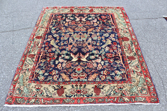 Navy Blue Oriental Rug with Beige Border | One of a Kind Handmade Rug