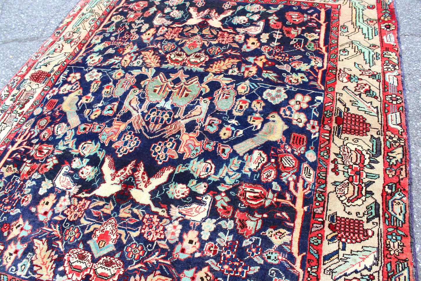 Navy Blue Oriental Rug with Beige Border | One of a Kind Handmade Rug