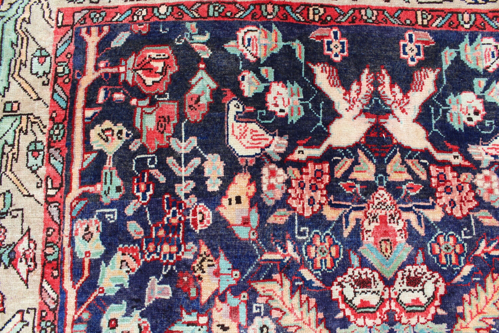 Navy Blue Oriental Rug with Beige Border | One of a Kind Handmade Rug
