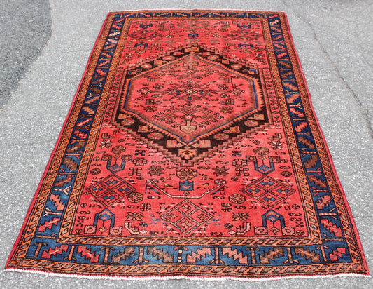 Coral Pink Handmade 4x6 Persian Rug with Blue Bordered Outline