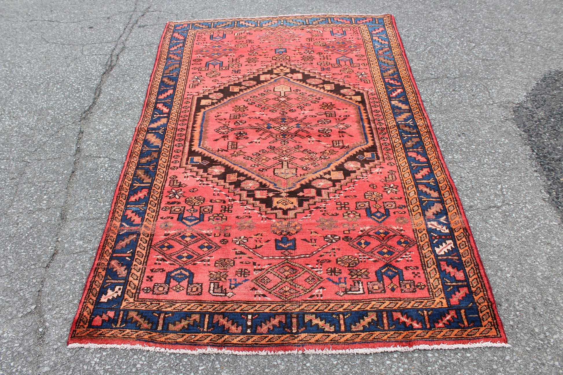 Coral Pink Handmade 4x6 Persian Rug with Blue Bordered Outline