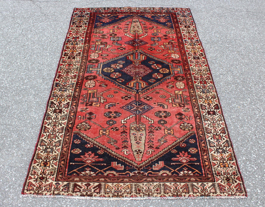 Red White 4x7 Vintage Tribal Handmade Rug