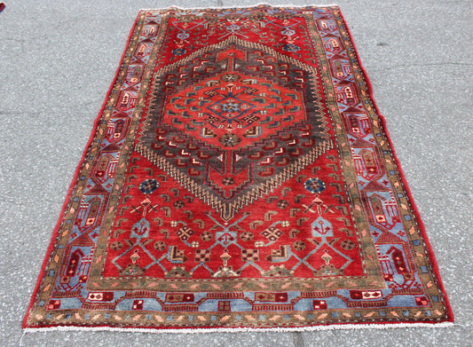 Red Blue 4x7 Vintage Wool Area Rug