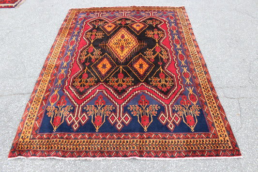 Red Blue 5x7 Vintage Hand Knotted Rug