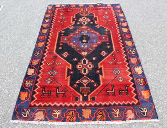 Red Tribal 4x6 Southwestern Style Area Rug with Blue Border