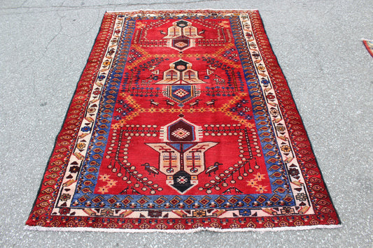 Red Tribal Turkish Hand Knotted Rug 4'5" x 6'4"
