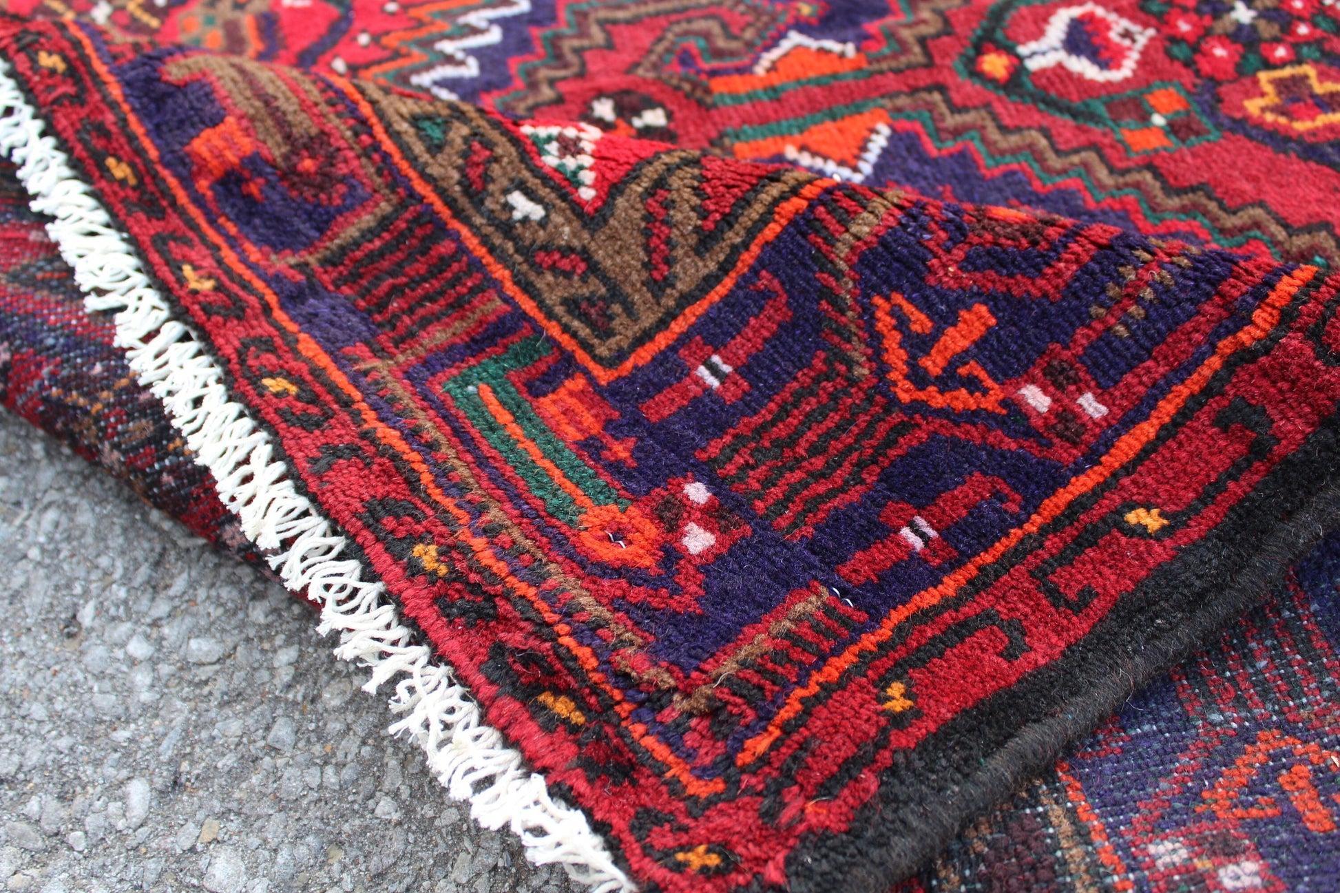 Red 4x6 Hand Knotted Rug with Navy Blue Persian Tribal Designs