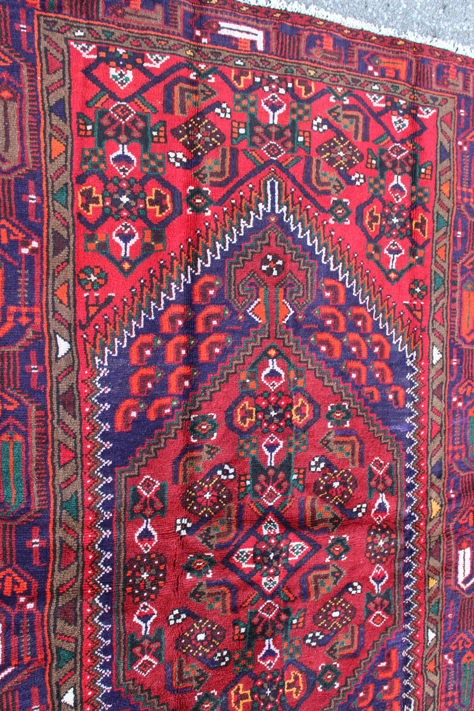 Red 4x6 Hand Knotted Rug with Navy Blue Persian Tribal Designs