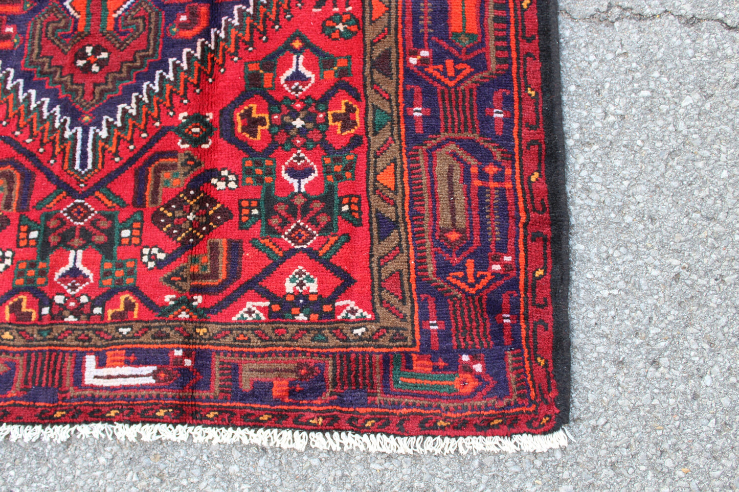 Red 4x6 Hand Knotted Rug with Navy Blue Persian Tribal Designs