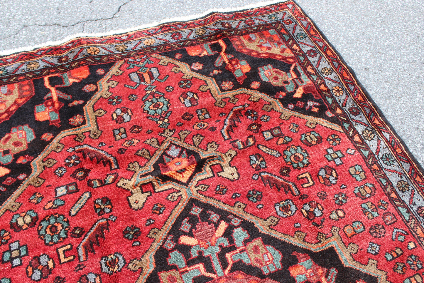 Red Black 5x8 Vintage Hand Knotted Rug