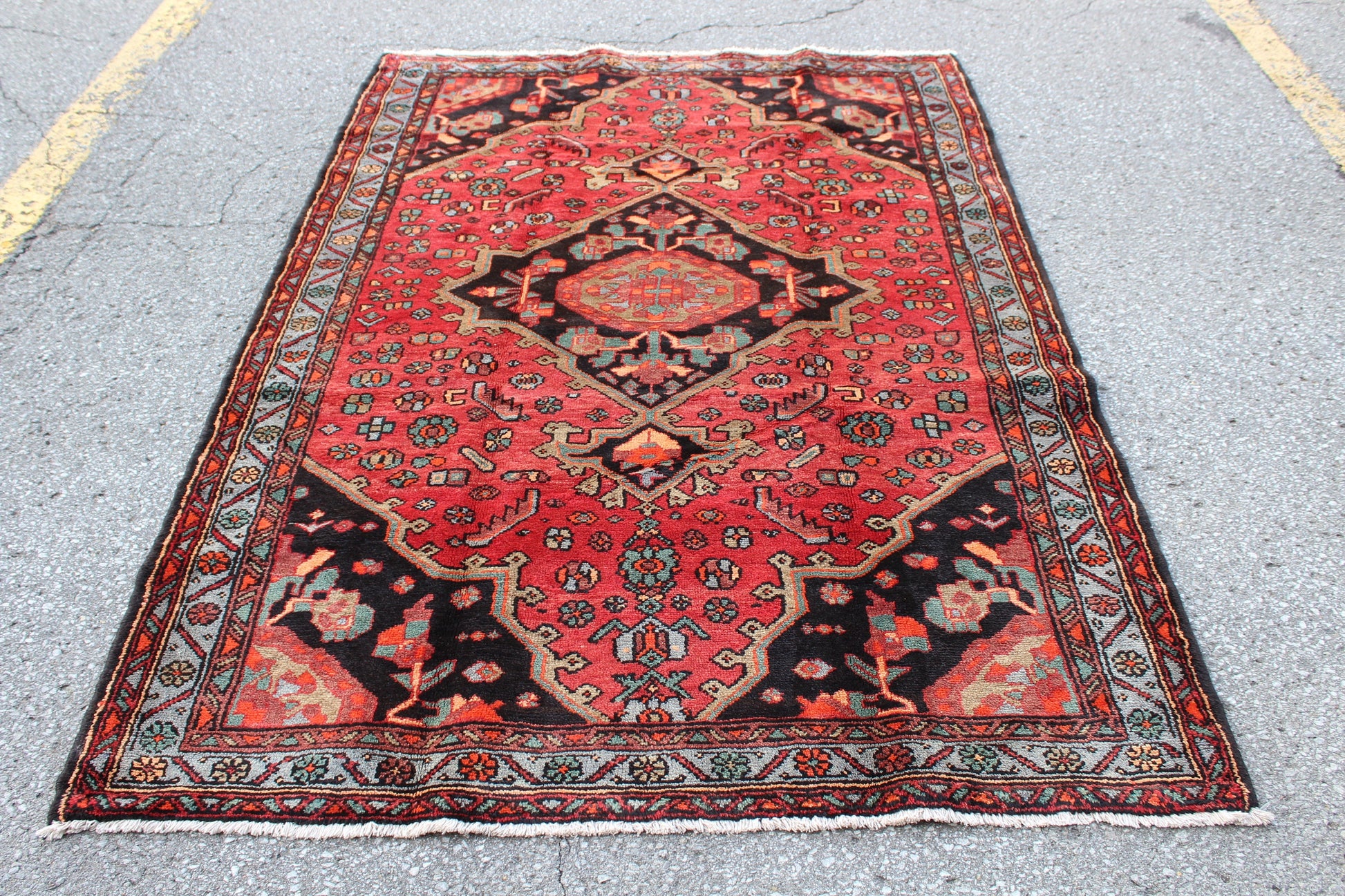 Red Black 5x8 Vintage Hand Knotted Rug