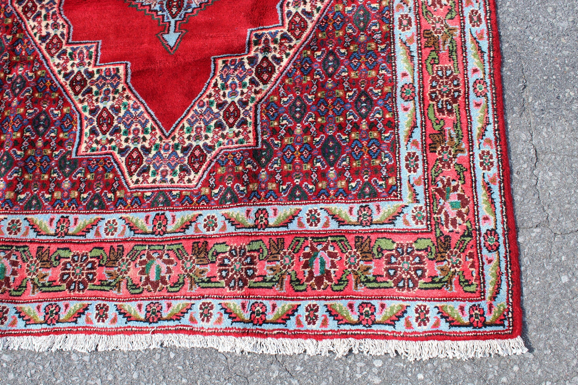 Blue Red rug with Bright Red Medallion 4' x 5'1"
