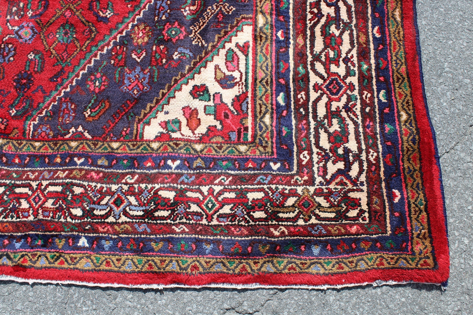 Red 7x10 Persian Style Rug with Hexagon Medallion Blue Border | Wool Handmade