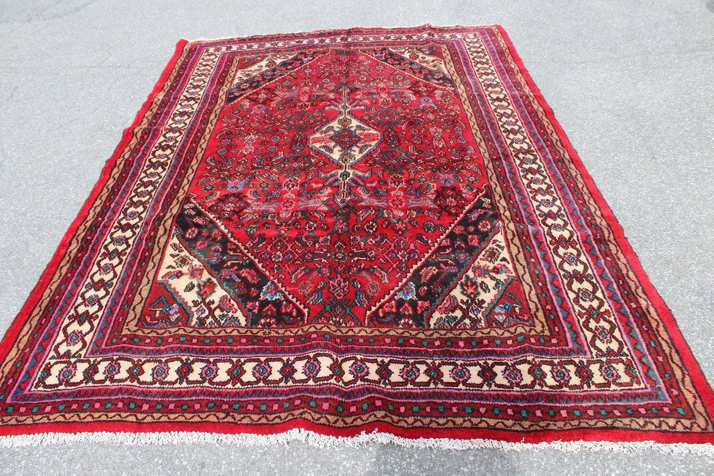 Bright Red 7x10 Oriental Persian Rug | Bold Handmade Vintage