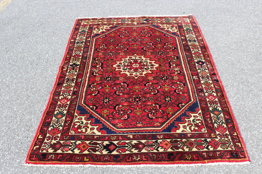 Red 4x6 Vintage Rug | Tribal Oriental Persian Rug | Kazak Bohemian Rug | Handmade Rug