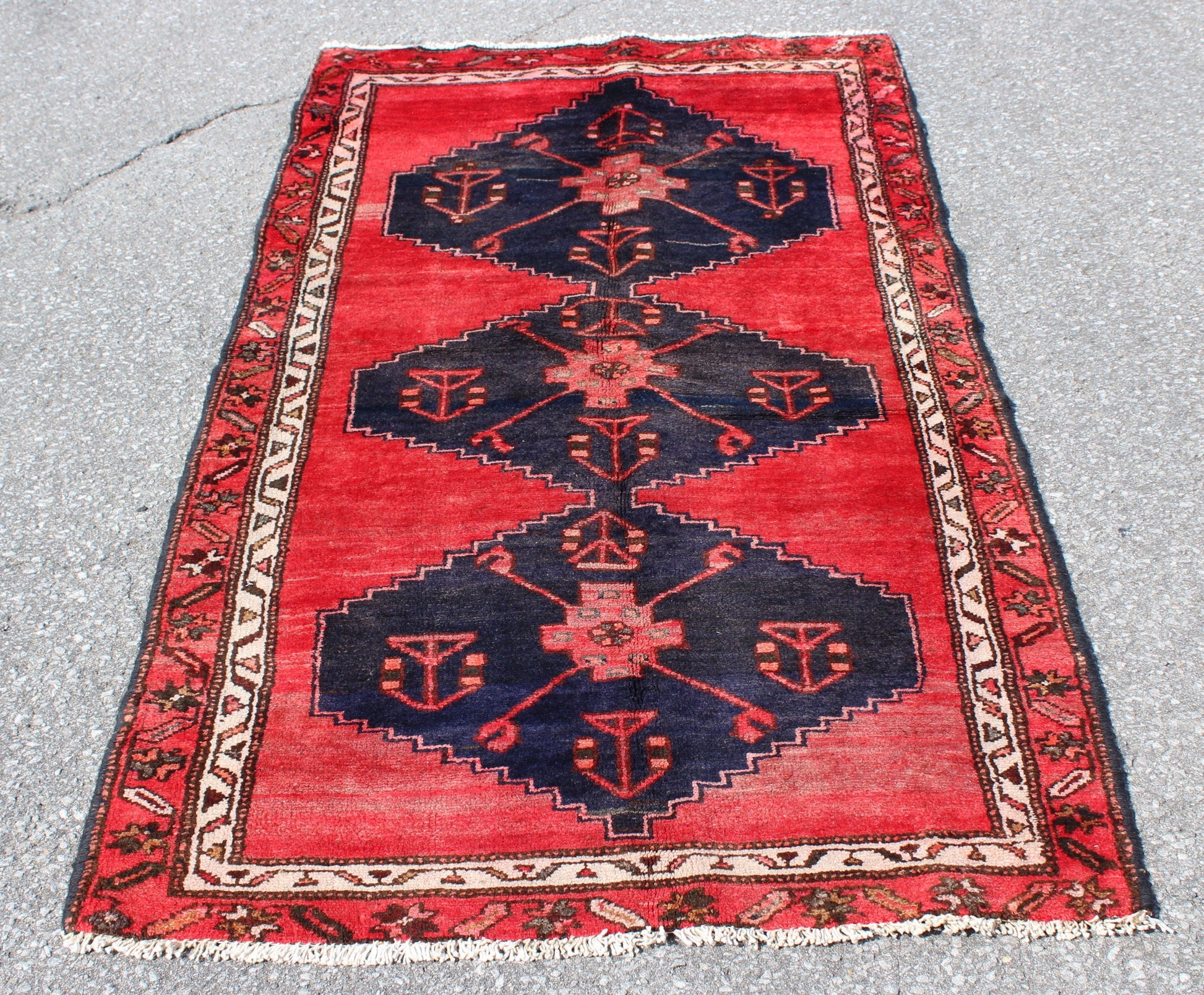 Bright Red Rug with Navy Blue Central Medallions | Hand Knotted Vintage
