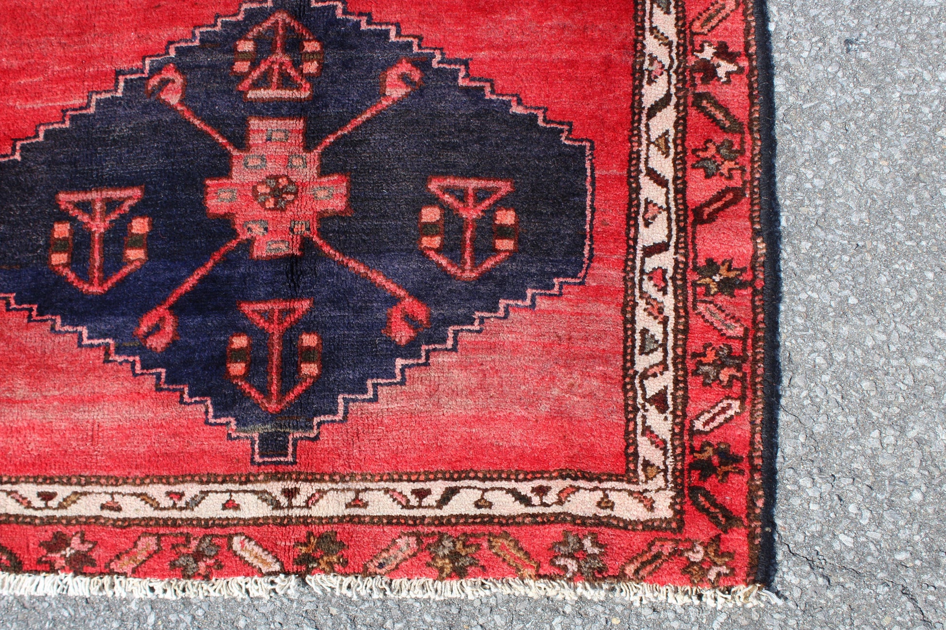 Bright Red Rug with Navy Blue Central Medallions | Hand Knotted Vintage