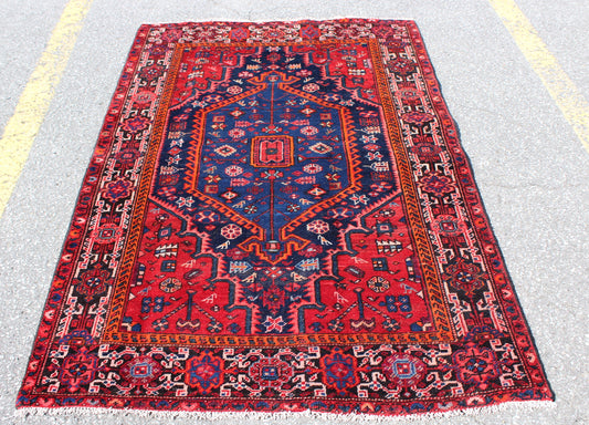 Pink Red Bright 4x6 Area Rug with Blue Medallion | Wool